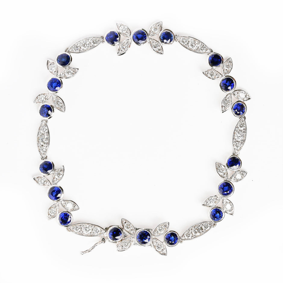 18K White Gold 1 3/4 Cttw Diamond and 3x3mm Round Blue Sapphire Gemstone Floral Link Bracelet (G-H Color, SI1-SI2 Clarity) - Size 7
