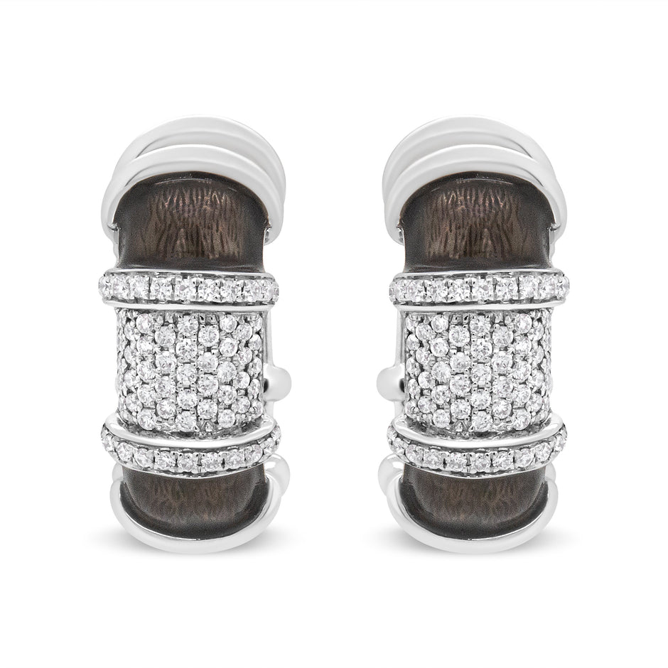 18K White Gold Flash Plated .925 Sterling Silver Clear Graphite Grey Enamel 5/8 Cttw Round Diamonds Huggie Hoop Earrings (F-G Color, VS1-VS2 Clarity)