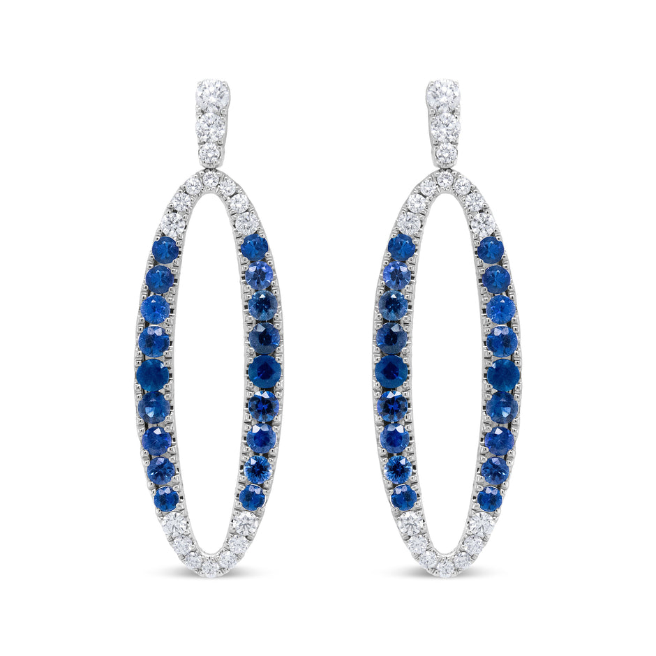 18K White Gold 1.11 Cttw Blue Round Diamond and Blue Sapphire Openwork Oval Shaped Dangle Earrings (F-G Color, VS1-VS2 Clarity)
