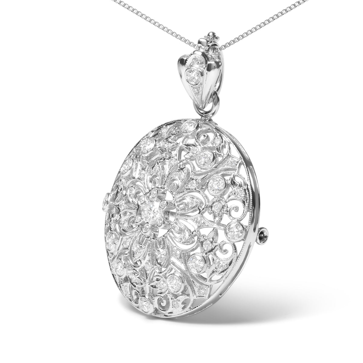 18K White Gold 1 5/6 Cttw Diamond Cluster Floral Filigree Brooch Pin and 18