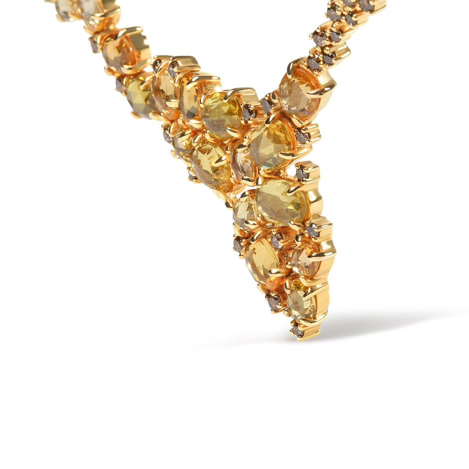 18K Yellow Gold 1/2 Cttw Brown Diamond and Multi-Size Oval Yellow Sapphire Cluster Cascade Station Necklace (Brown Color, SI1-SI2 Clarity) - Adjustable up to 14