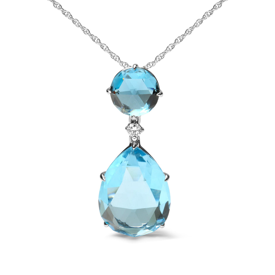 18K White Gold Diamond Accent and Round London Blue Topaz and Pear Cut Sky Blue Topaz Dangle Drop 18