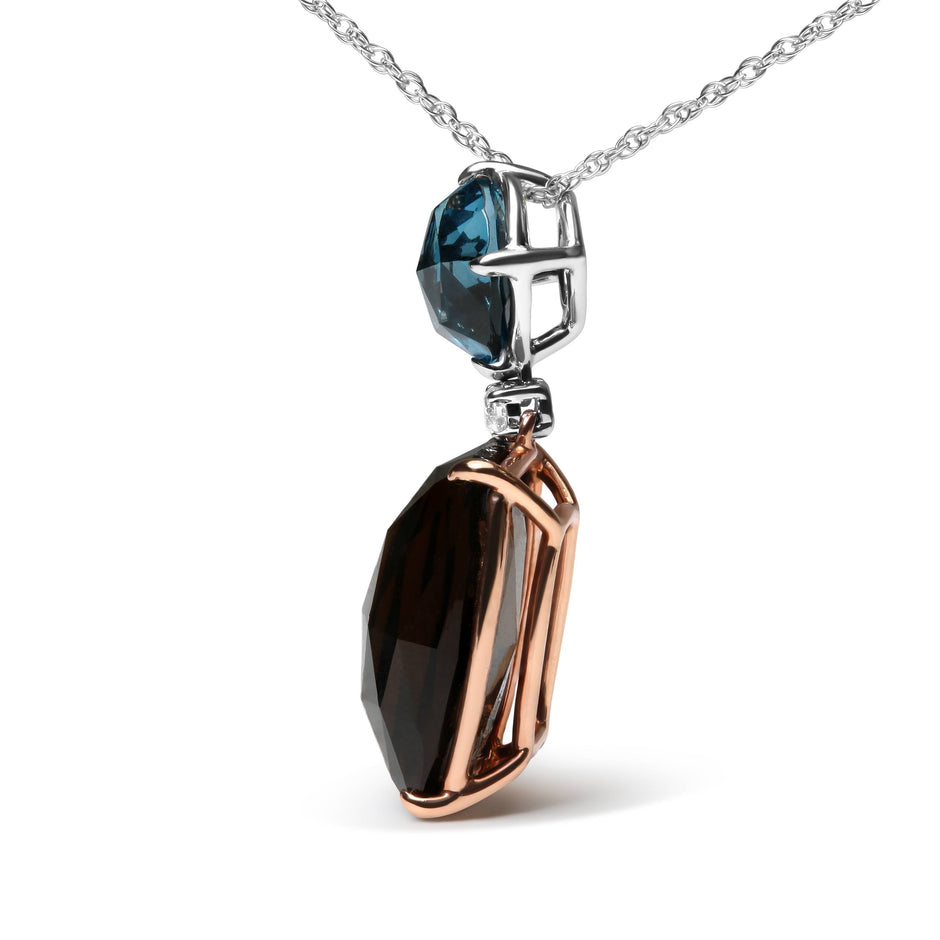 18K Rose and White Gold Diamond Accent and London Blue Topaz and Cushion Cut Smoky Quartz Gemstone Dangle Drop 18