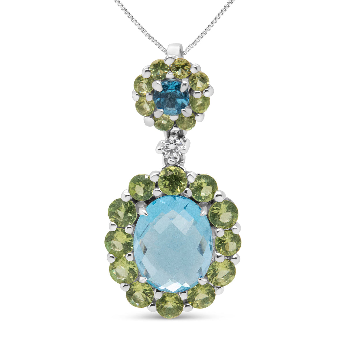 18k White Gold 0.05 Cttw Round Diamond and Blue Topaz and Green Peridot Gemstone Halo Drop 18