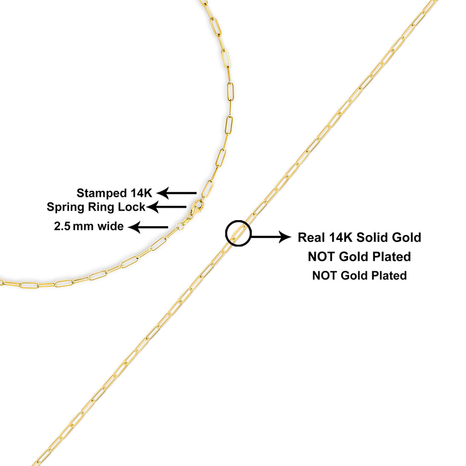 Solid 14K Yellow Gold 2.5mm Paperclip Chain Necklace Unisex 18
