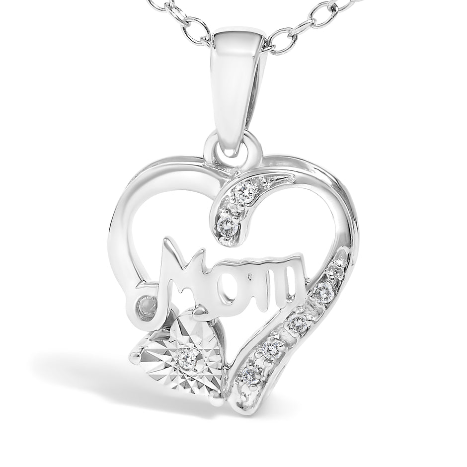 .925 Sterling Silver Diamond Accent Mom with Heart Pendant Necklace (J-K Color, I2-I3 Clarity) - 18