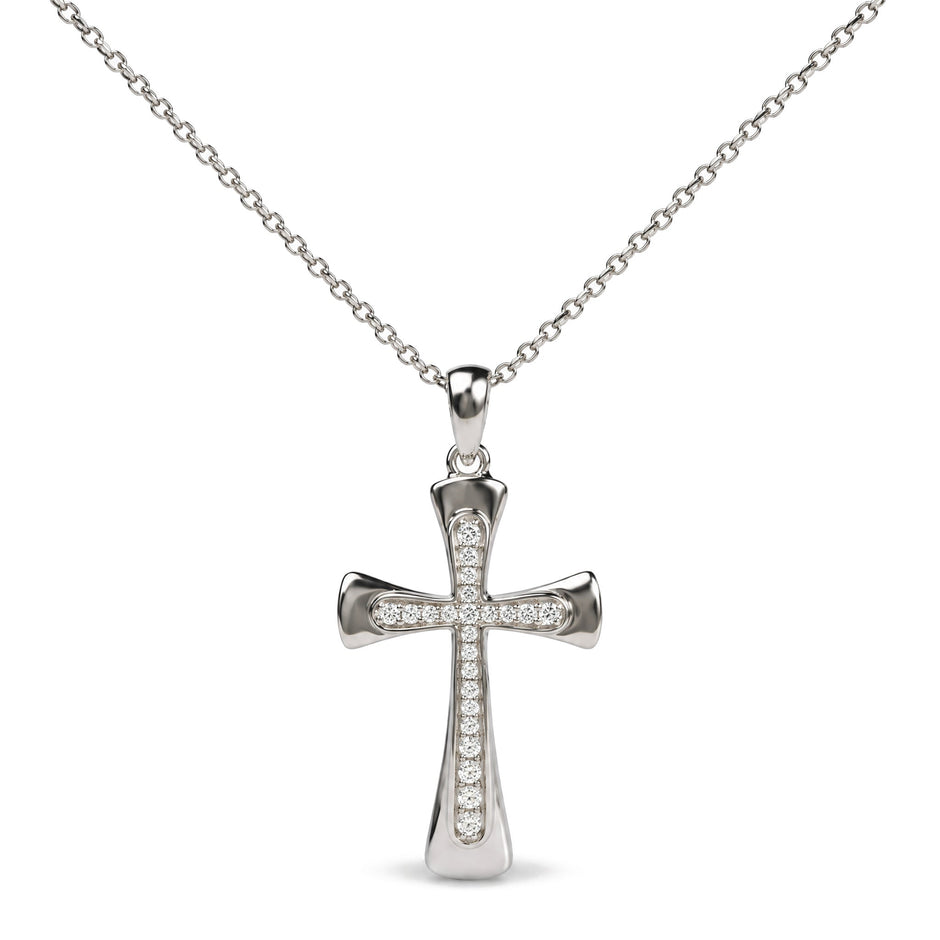 .925 Sterling Silver 1/10 Cttw Round Diamond Cross Pendant Necklace