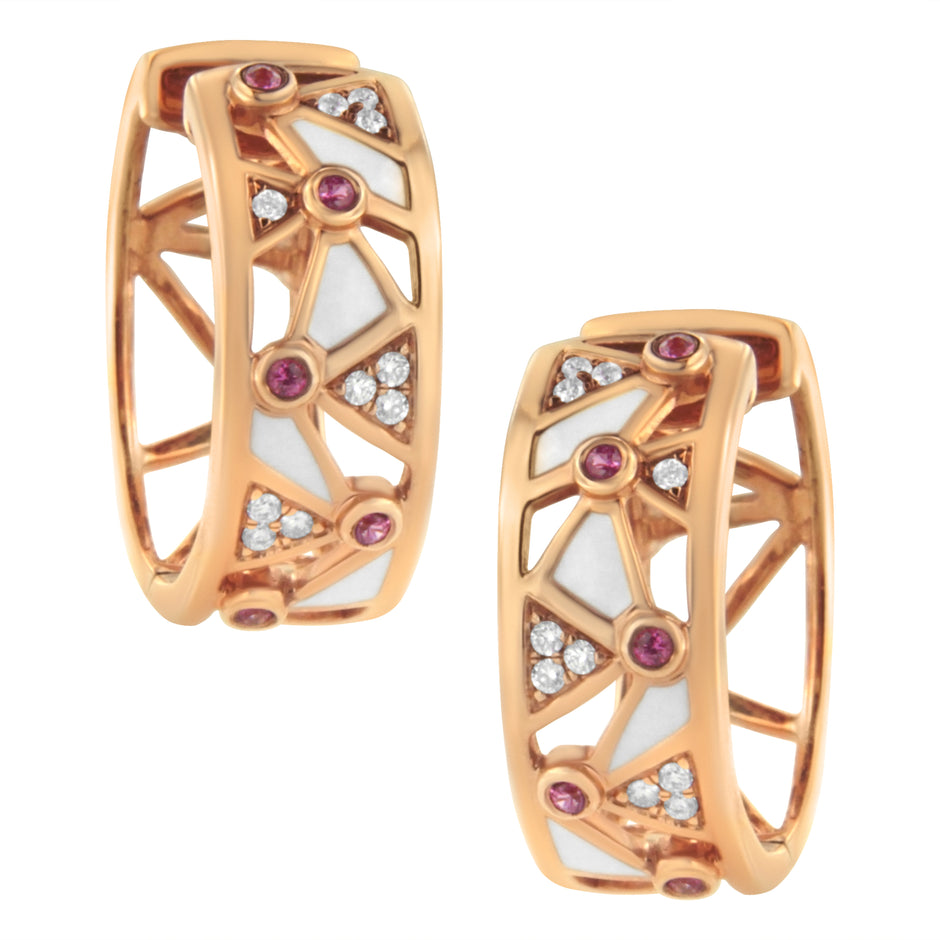 14K Rose Gold 1/6 Cttw Diamond and Pink Tourmaline White Enamel Geometric Hoop Earrings