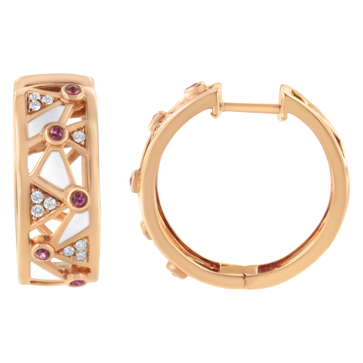 14K Rose Gold 1/6 Cttw Diamond and Pink Tourmaline White Enamel Geometric Hoop Earrings