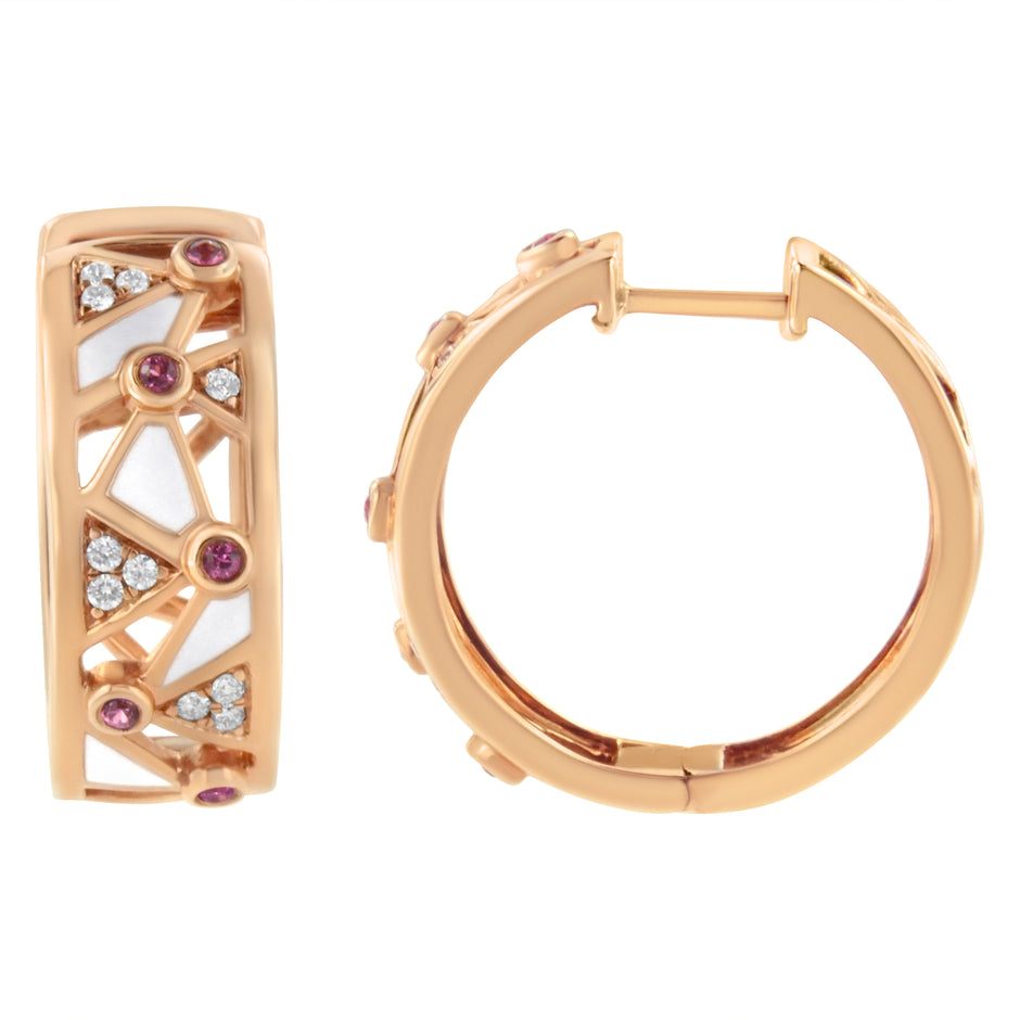 14K Rose Gold 1/6 Cttw Diamond and Pink Tourmaline White Enamel Geometric Hoop Earrings