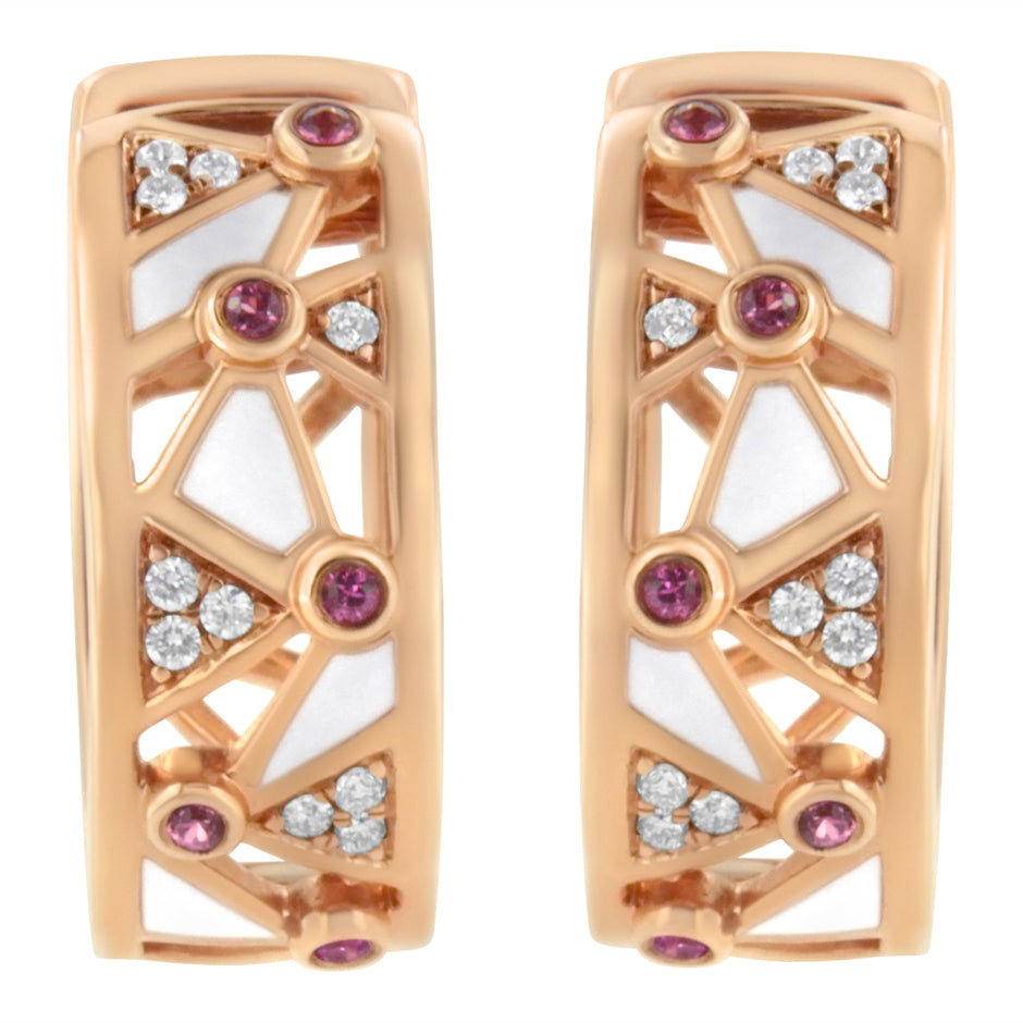 14K Rose Gold 1/6 Cttw Diamond and Pink Tourmaline White Enamel Geometric Hoop Earrings