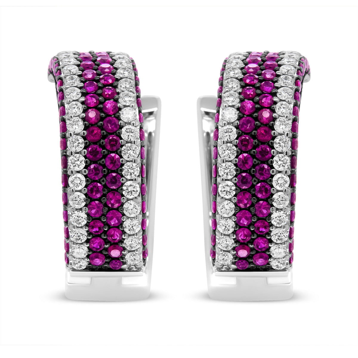 18K White Gold 1 7/8 Cttw Diamond and 1mm Round Red Ruby Open Swish Hoop Earrings (F-G Color, VS1-VS2 Clarity)