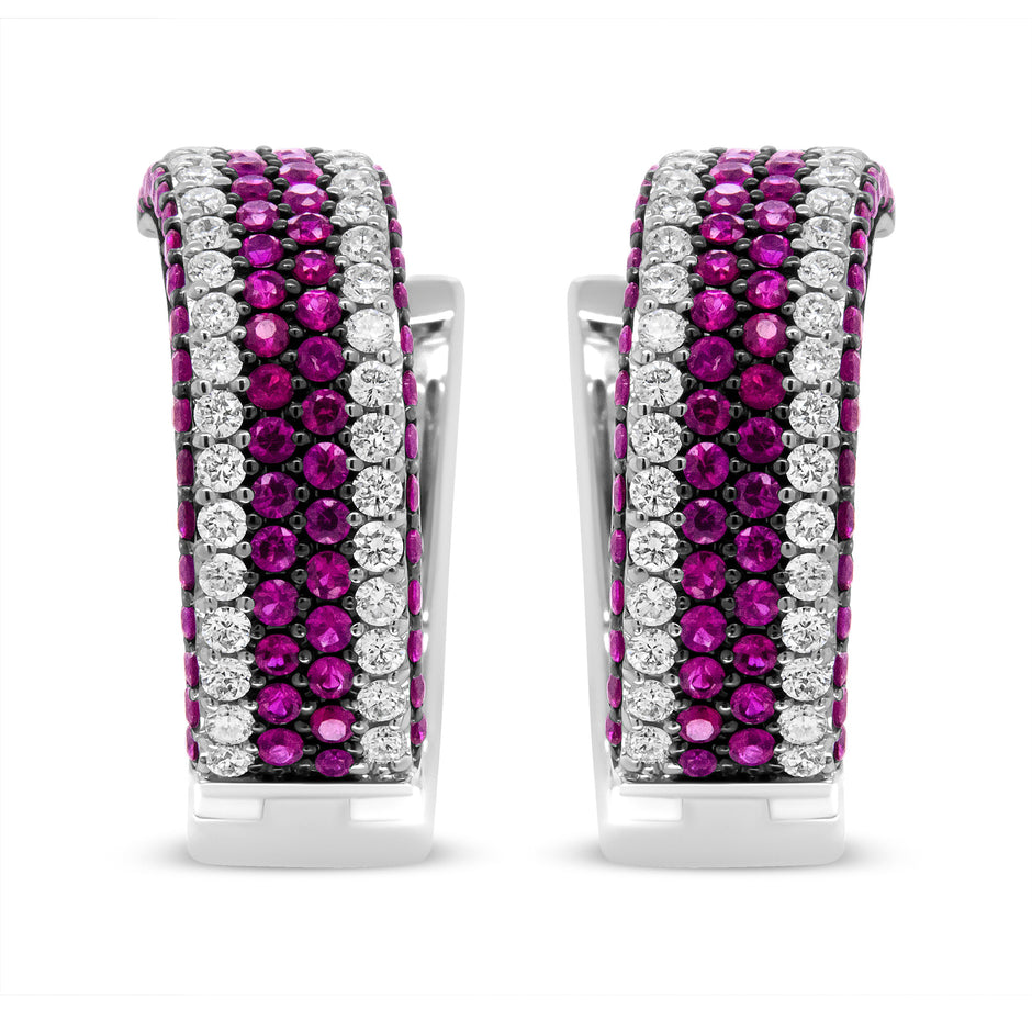 18K White Gold 1 7/8 Cttw Diamond and 1mm Round Red Ruby Open Swish Hoop Earrings (F-G Color, VS1-VS2 Clarity)