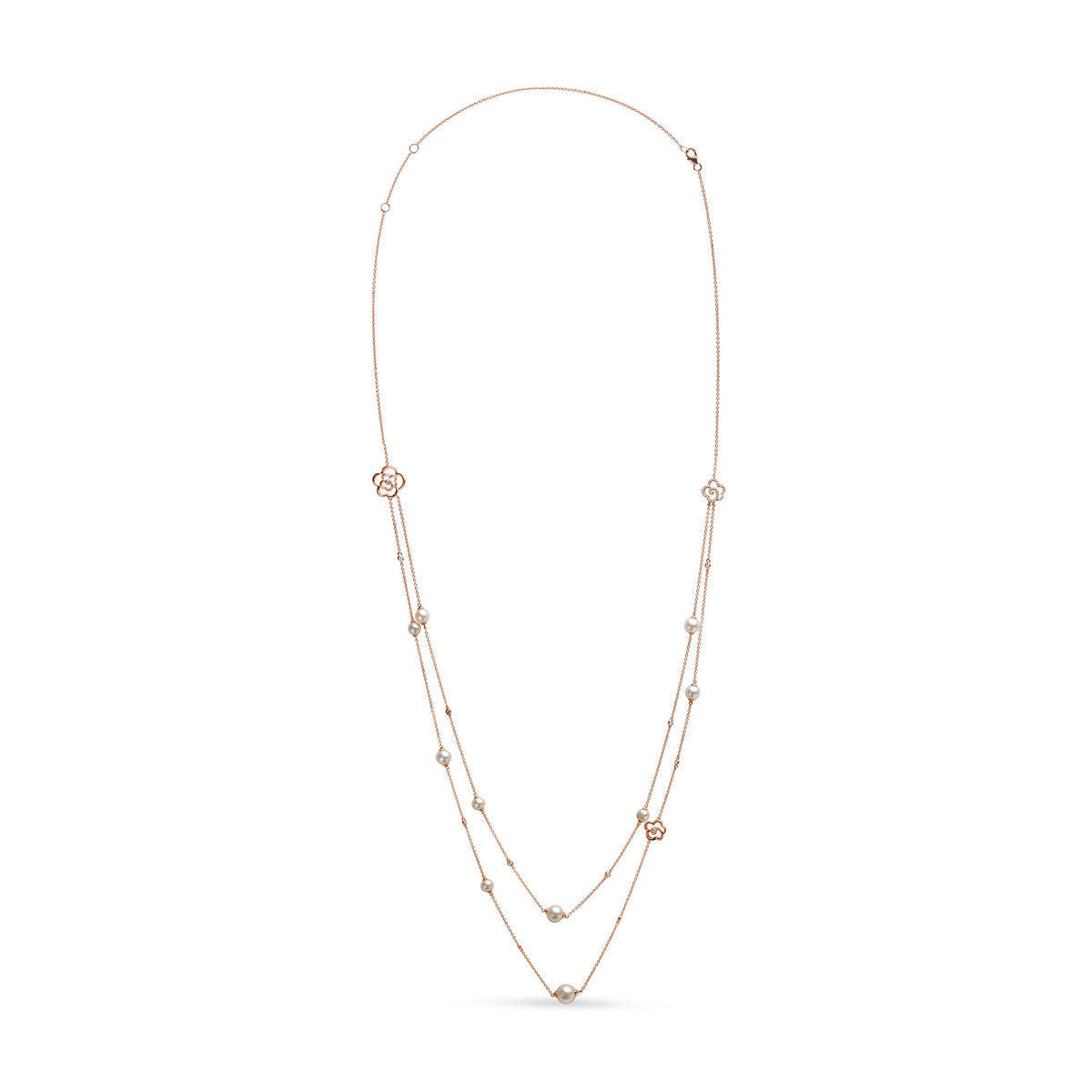 18K Rose Gold 1/2 Cttw Diamond and Freshwater Pearl Double Strand Station Necklace  (G-H Color, SI1-SI2 Clarity) - Adjustable up to 16