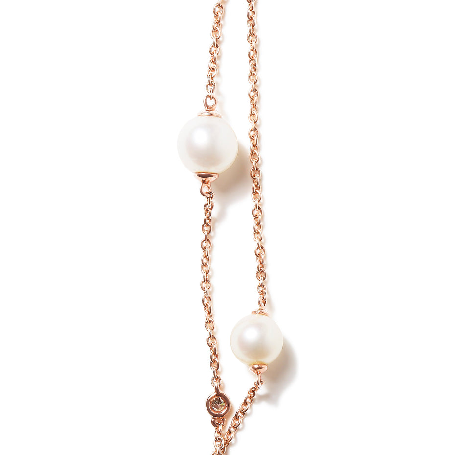 18K Rose Gold 1/2 Cttw Diamond and Freshwater Pearl Double Strand Station Necklace  (G-H Color, SI1-SI2 Clarity) - Adjustable up to 16