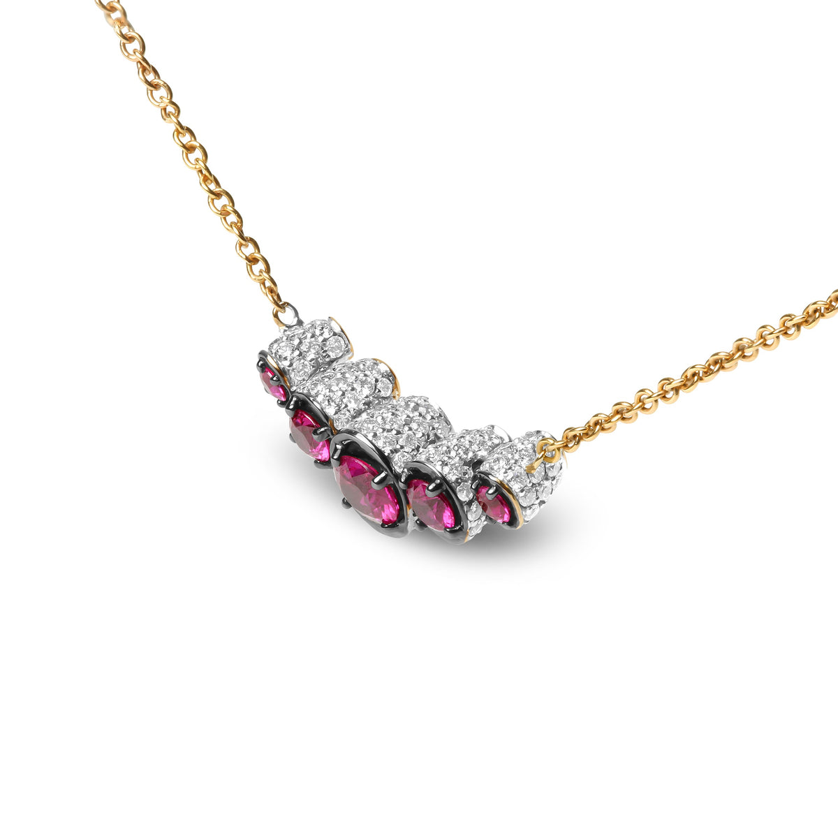 18K Rose Gold 3/4 Cttw Pave Diamonds and Graduated Red Ruby Gemstone Curved Bar Choker Necklace (G-H Color, SI1-SI2 Clarity) - Adjustable up to 14