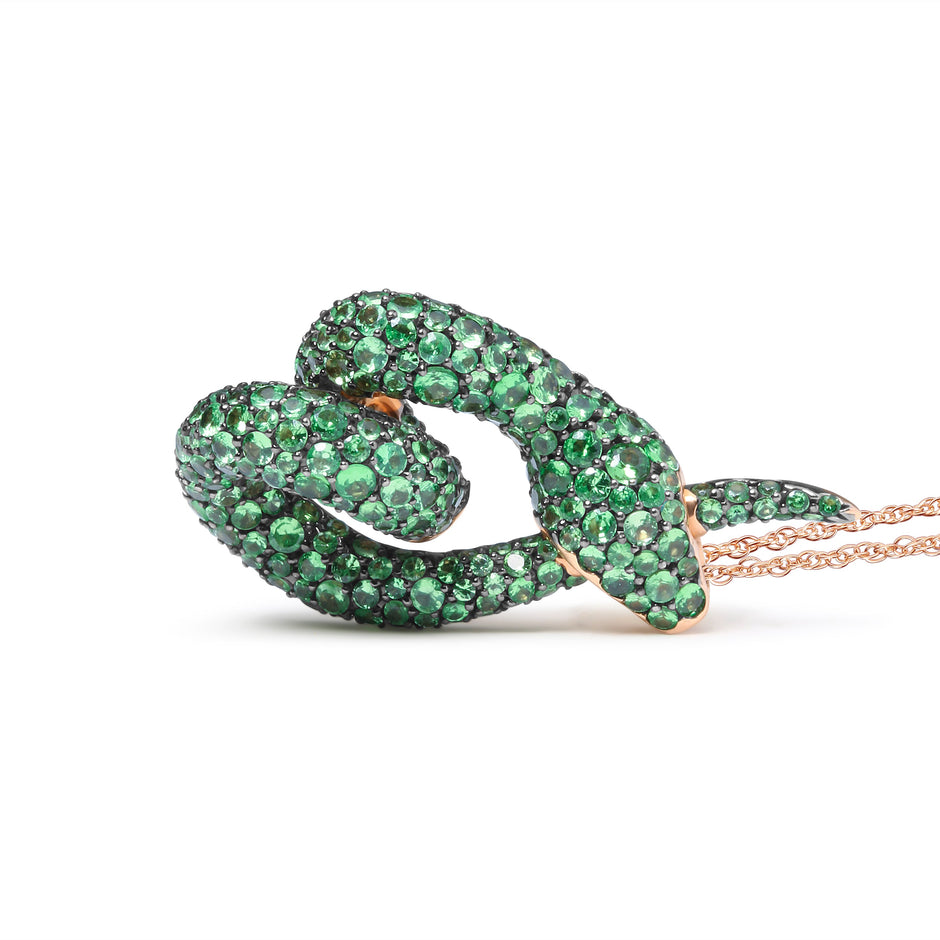 18K Rose Gold Round Green Tsavorite Gemstone Cluster Spiral Snake Design 18