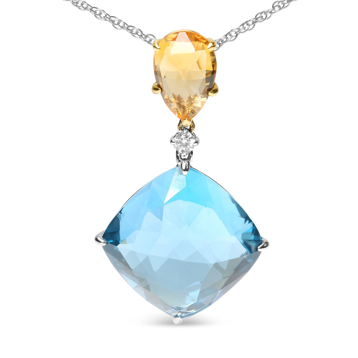 18K White and Yellow Gold Diamond Accent and Yellow Citrine and Sky Blue Topaz Gemstone Dangle Drop 18