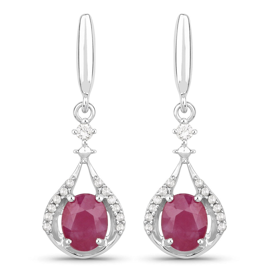 0.70 Carat Genuine Ruby and White Diamond 14K White Gold Earrings
