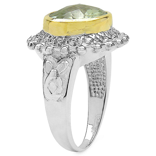 Two Tone Plated 4.16 Carat Genuine Green Amethyst & White Topaz .925 Sterling Silver Ring