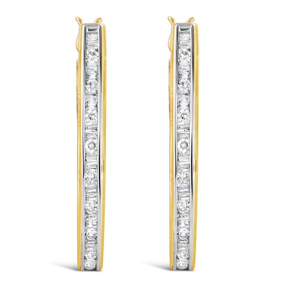 10K Yellow Gold 1.00 Cttw Round and Baguette-Cut Diamond U-Hoop Earrings (H-I Color, SI2-I1 Clarity)