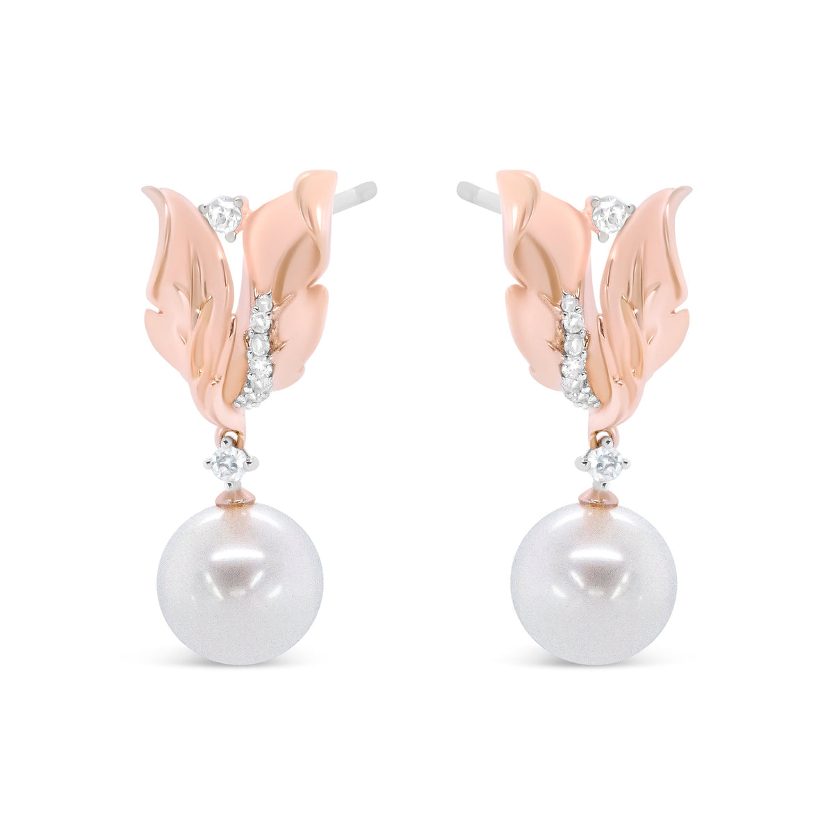 14K Rose Gold 1/6 Cttw Round Diamond and 8mm Round Pearl Floral Drop Stud Earrings (H-I Color, I1-I2 Clarity)