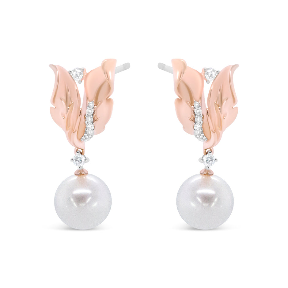 14K Rose Gold 1/6 Cttw Round Diamond and 8mm Round Pearl Floral Drop Stud Earrings (H-I Color, I1-I2 Clarity)