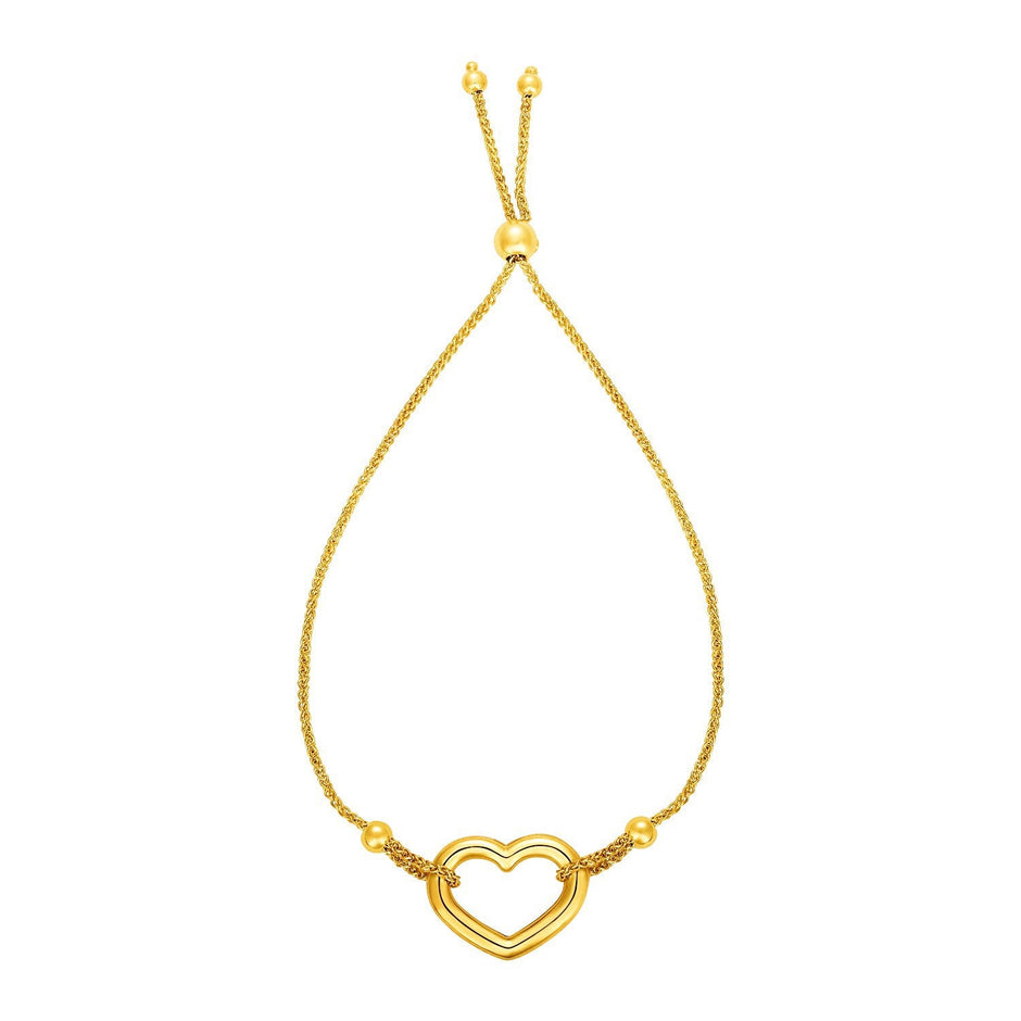 Adjustable Bracelet with Shiny Open Heart in 14k Yellow Gold