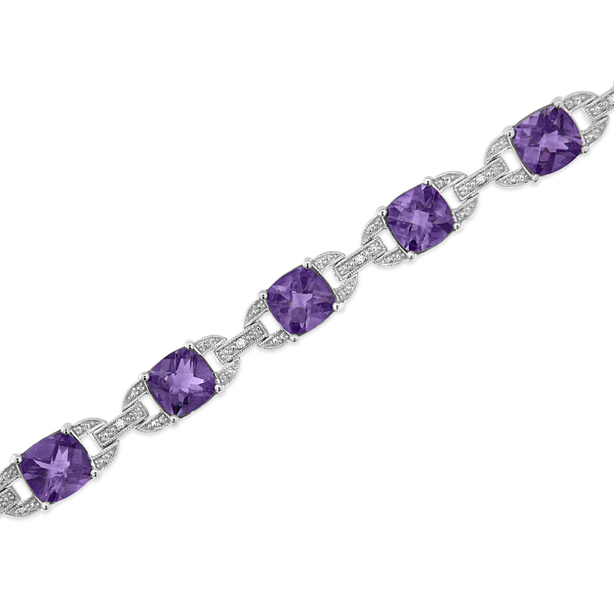 .925 Sterling Silver 7mm Cushion Cut Amethyst Gemstone and Diamond Tennis Link Bracelet (I-J Color, I1-I2 Clarity) - Size 7