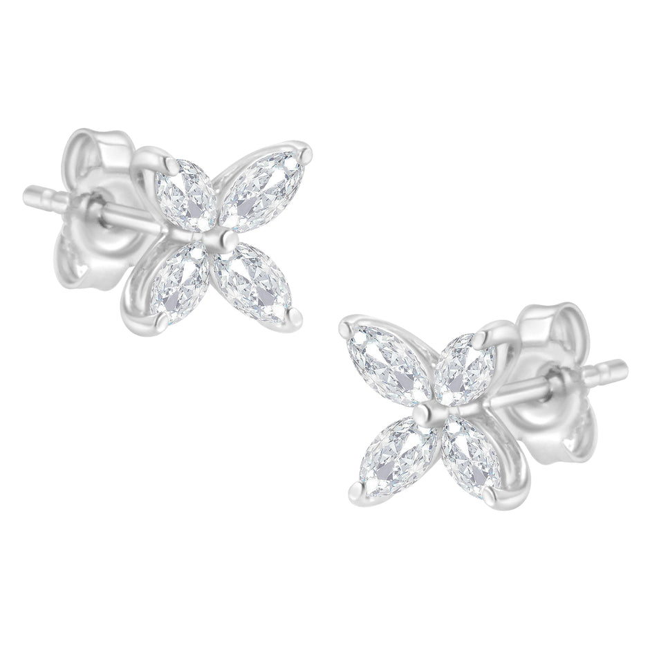 14K White Gold 1/2 Cttw Marquise Diamond 8 Stone Floral Leaf Stud Earrings (H-I Color, SI1-SI2 Clarity)