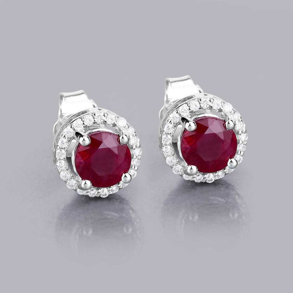 1.22 Carat Genuine Ruby and White Diamond 14K White Gold Earrings
