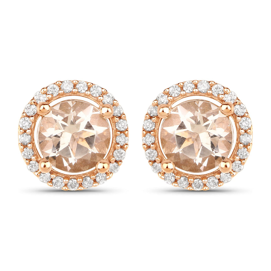 0.93 Carat Genuine Morganite and White Diamond 14K Rose Gold Earrings
