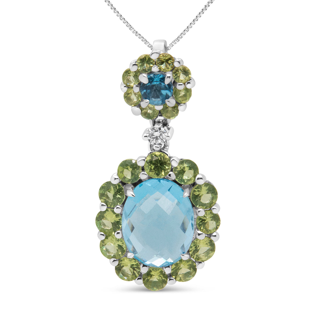 18k White Gold 0.05 Cttw Round Diamond and Blue Topaz and Green Peridot Gemstone Halo Drop 18