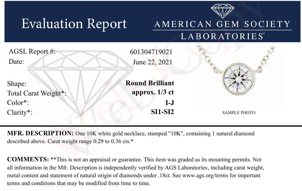 AGS Certified 10K White Gold 1/3 Cttw Bezel Set Round Diamond Solitaire 16-18