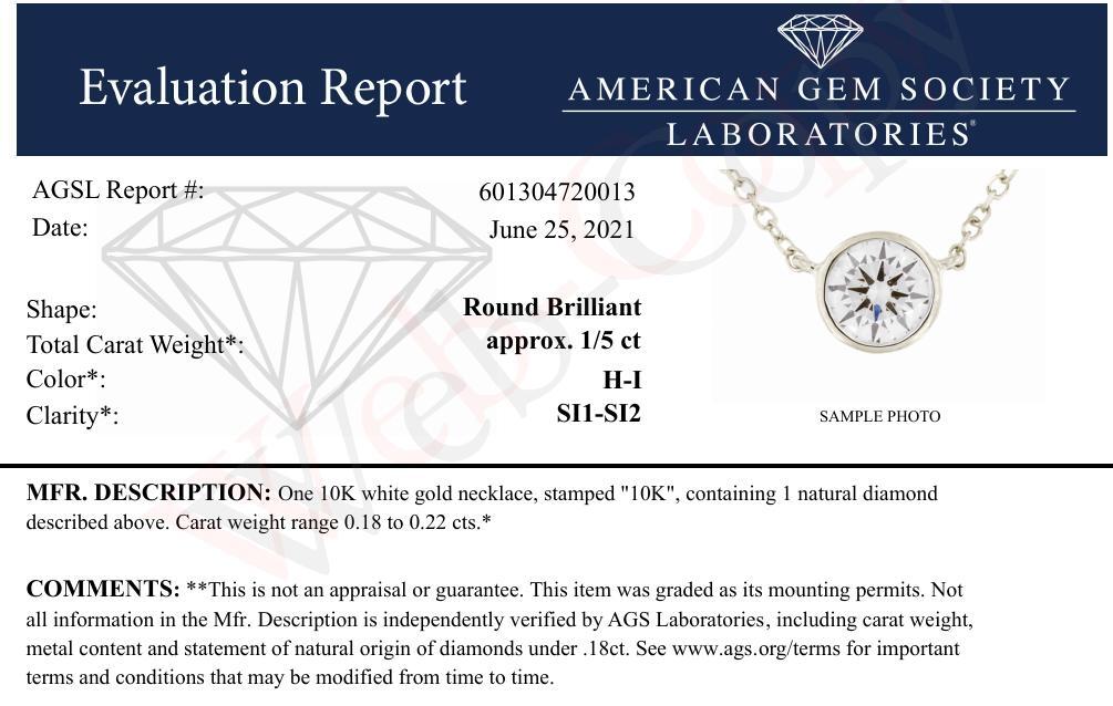 AGS Certified 10K White Gold 1/5 Cttw Bezel Set Round Diamond Solitaire 16-18
