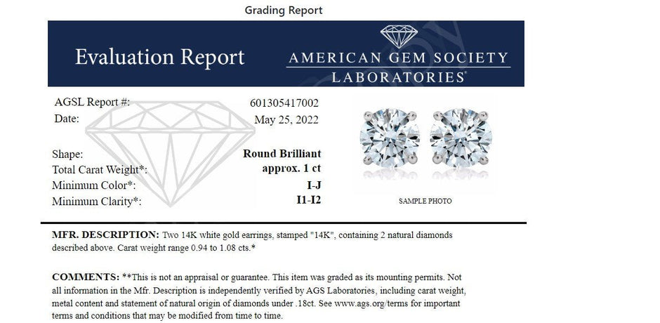 AGS Certified 14K White Gold 1.0 Cttw 4-Prong Set Brilliant Round-Cut Solitaire Diamond Push Back Stud Earrings (I-J Color, I1-I2 Clarity) - Earrings - Custom Crafting Alliance, LLC