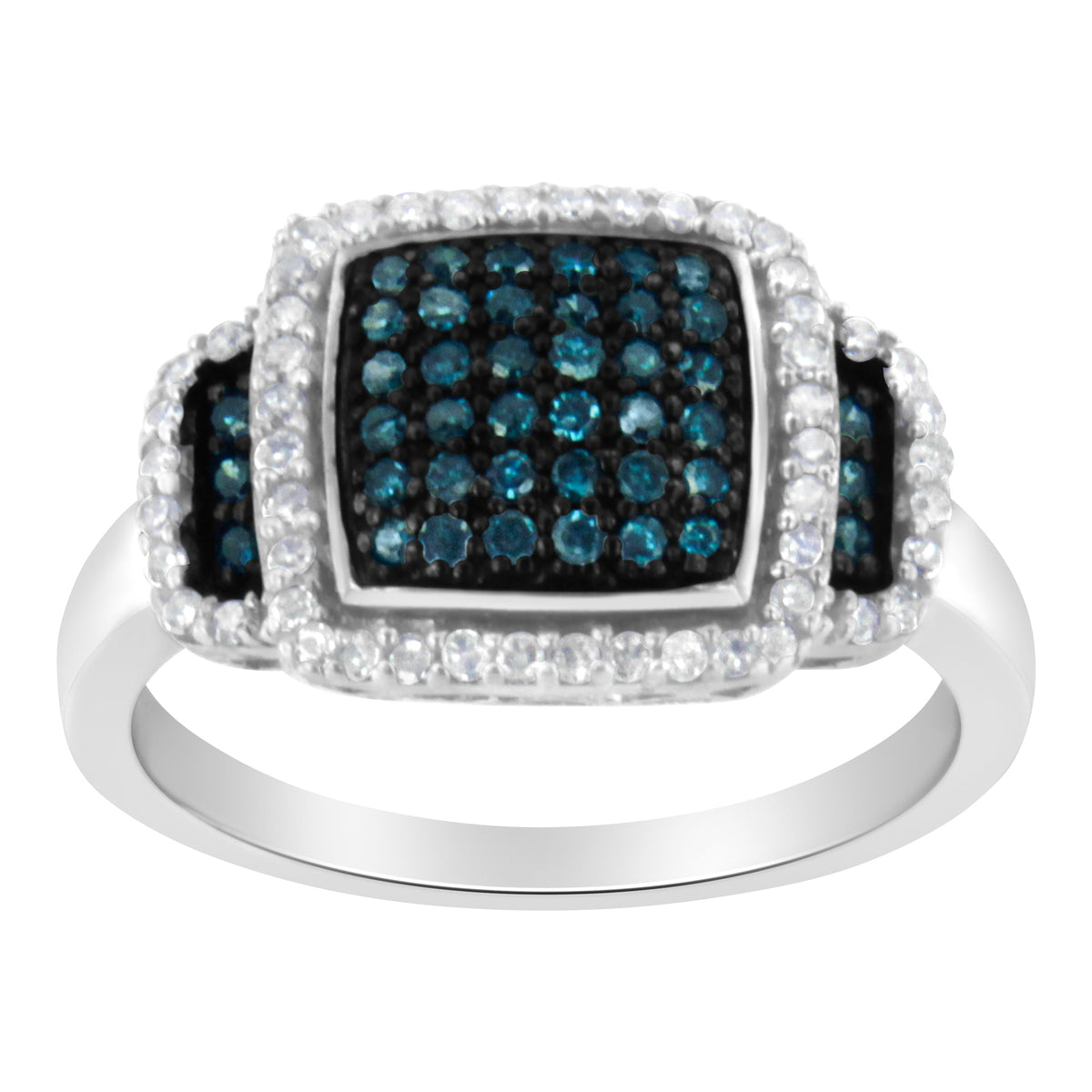 Black Rhodium Plated .925 Sterling Silver 1/2 Cttw White & Blue Diamond Square Halo Cocktail Ring (Fancy Blue & H-I Color, I2-I3 Clarity) - SIze 6