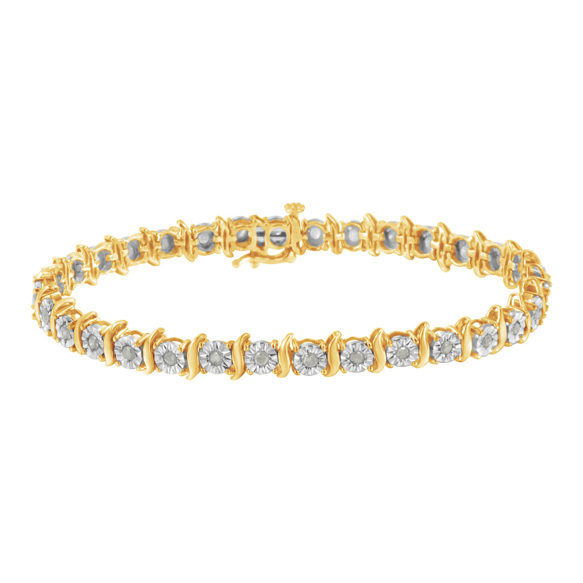 Two-Tone 10K Yellow Gold over .925 Sterling Silver 1.0 Cttw Diamond S-Curve Link Miracle-Set Tennis Bracelet (I-J Color, I3 Clarity) - 7