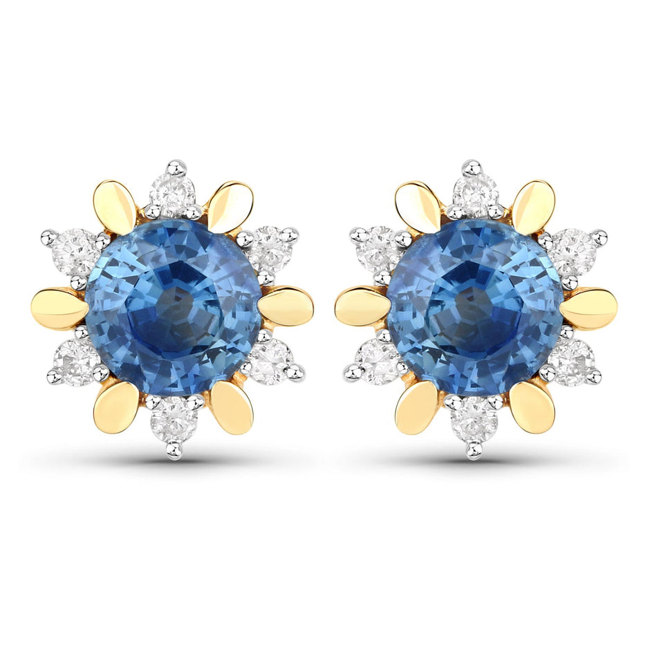 1.87 Carat Genuine Blue Sapphire and White Diamond 14K Yellow Gold Earrings