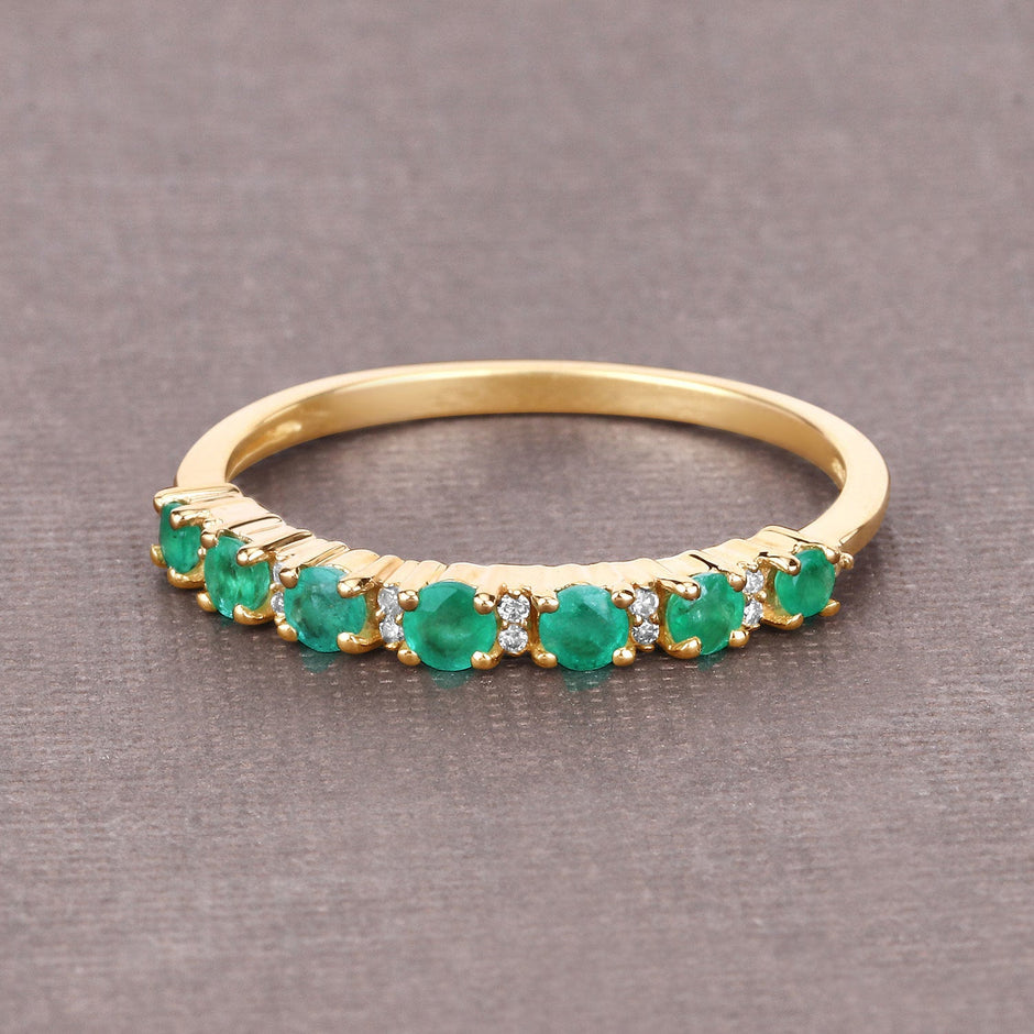 0.41 Carat Genuine Zambian Emerald and White Diamond 14K Yellow Gold Ring