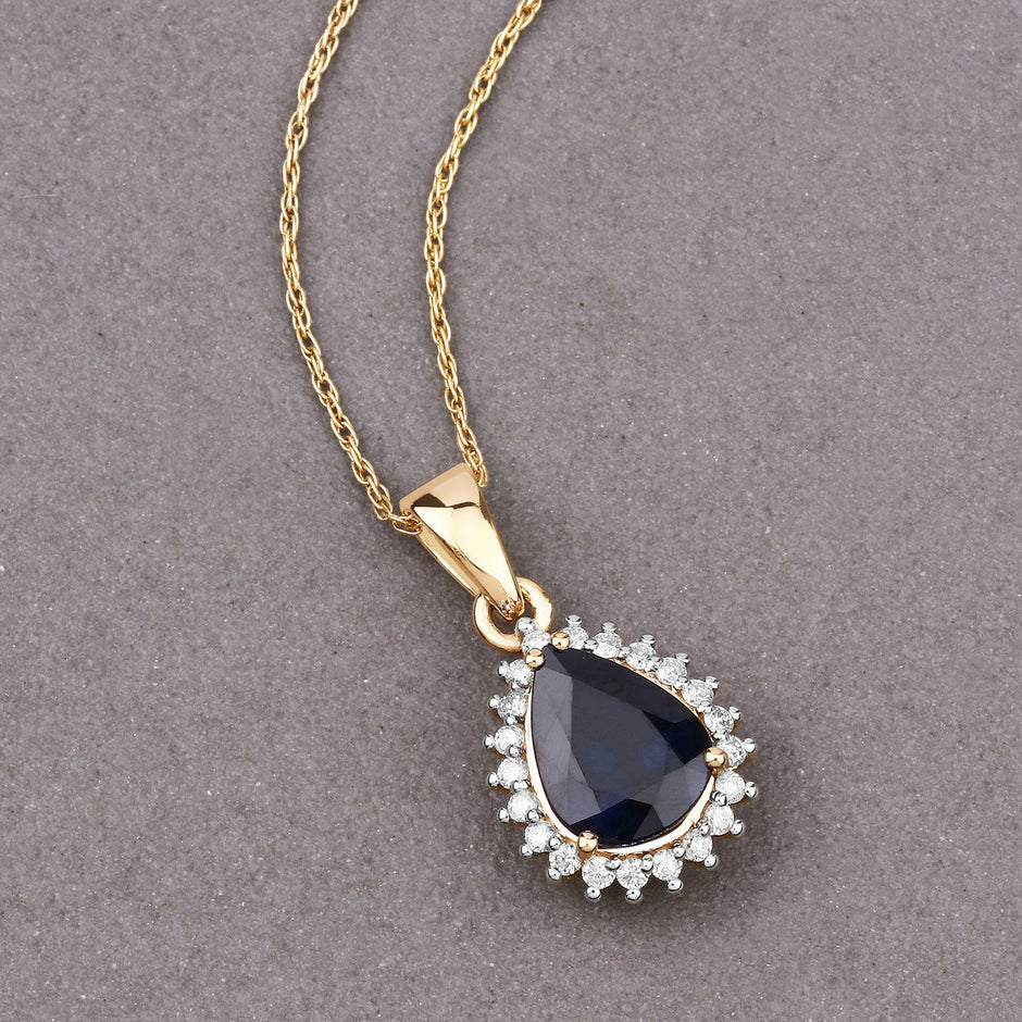 2.09 Carat Genuine Blue Sapphire and White Diamond 14K Yellow Gold Pendant
