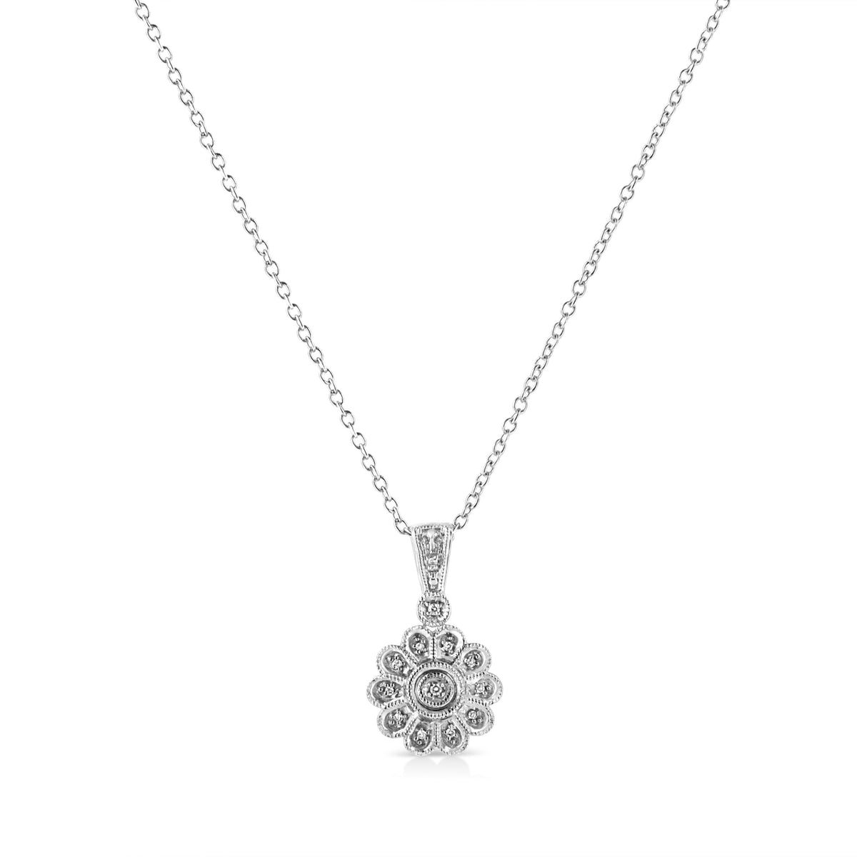 .925 Sterling Silver Diamond Accent Sunburst Milgrain 18