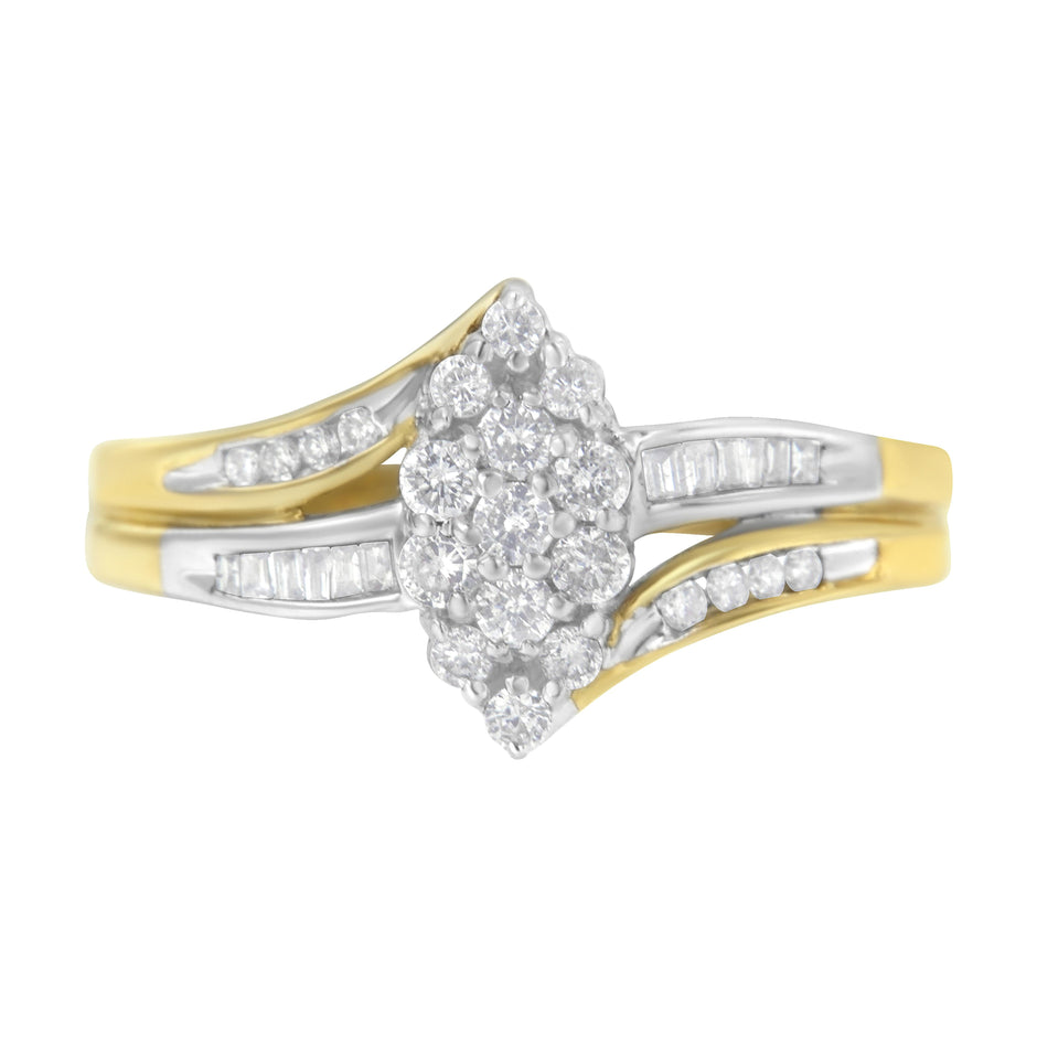 10K Yellow and White Gold 1/2 Cttw Diamond Marquise Shaped Cluster Split Shank Ring (H-I Color, SI2-I1 Clarity) - Size 7