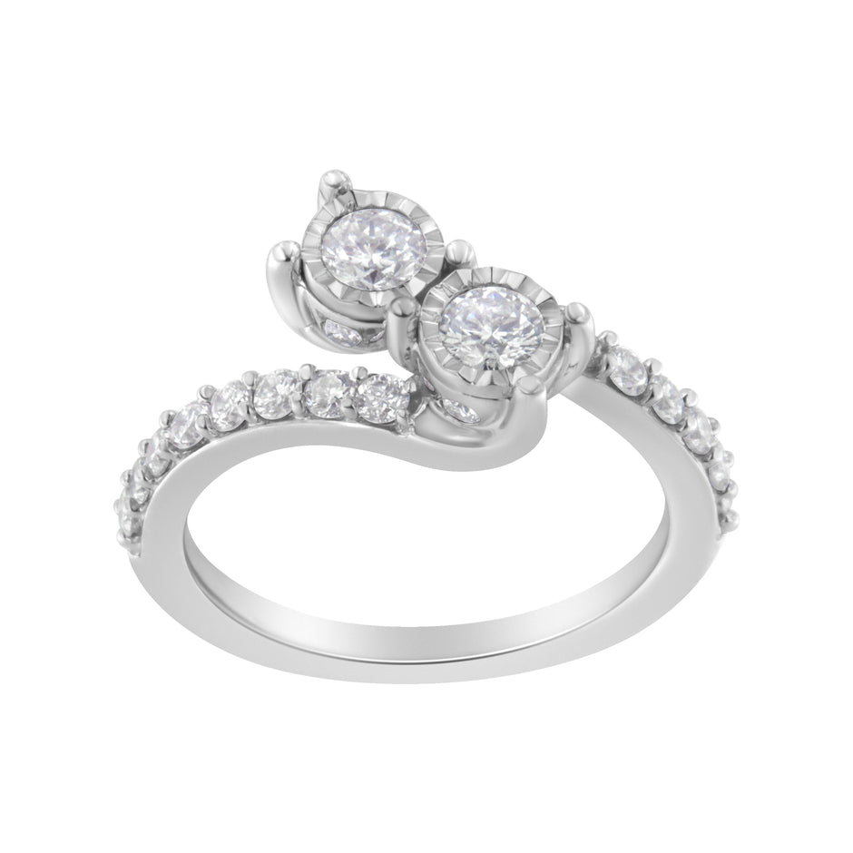10K White Gold Two-Stone Miracle-Set Diamond Bypass Ring (1 Cttw, H-I Color, I1-I2 Clarity) - Size 6
