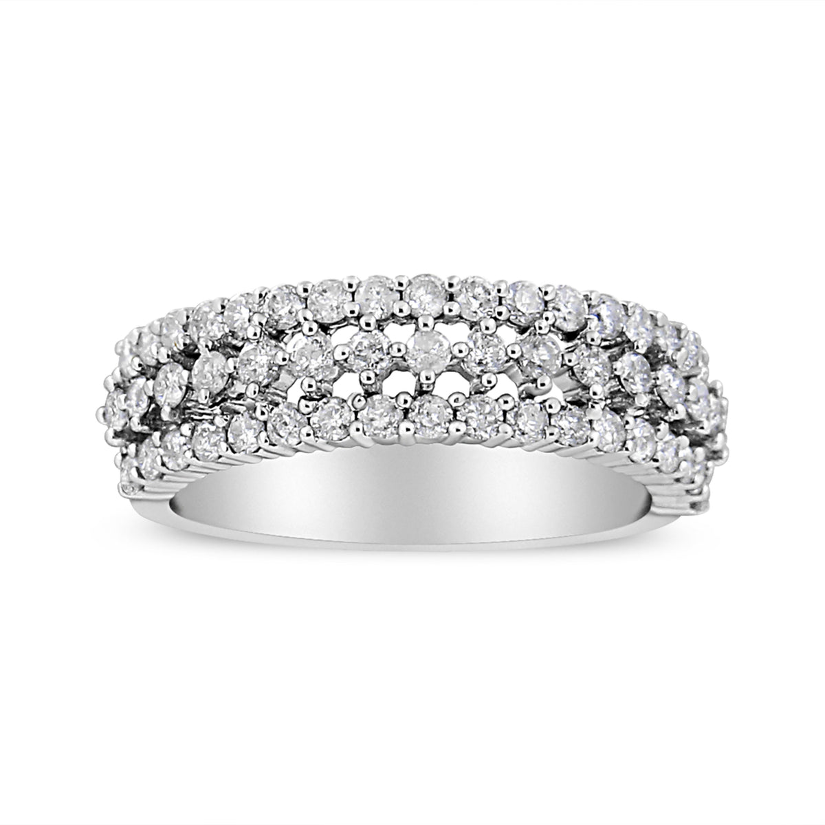 14K White Gold 1.0 Cttw Prong Set Round Diamond Split Shank Three Row Band Ring (H-I Color, I2-I3 Clarity) - Size 6
