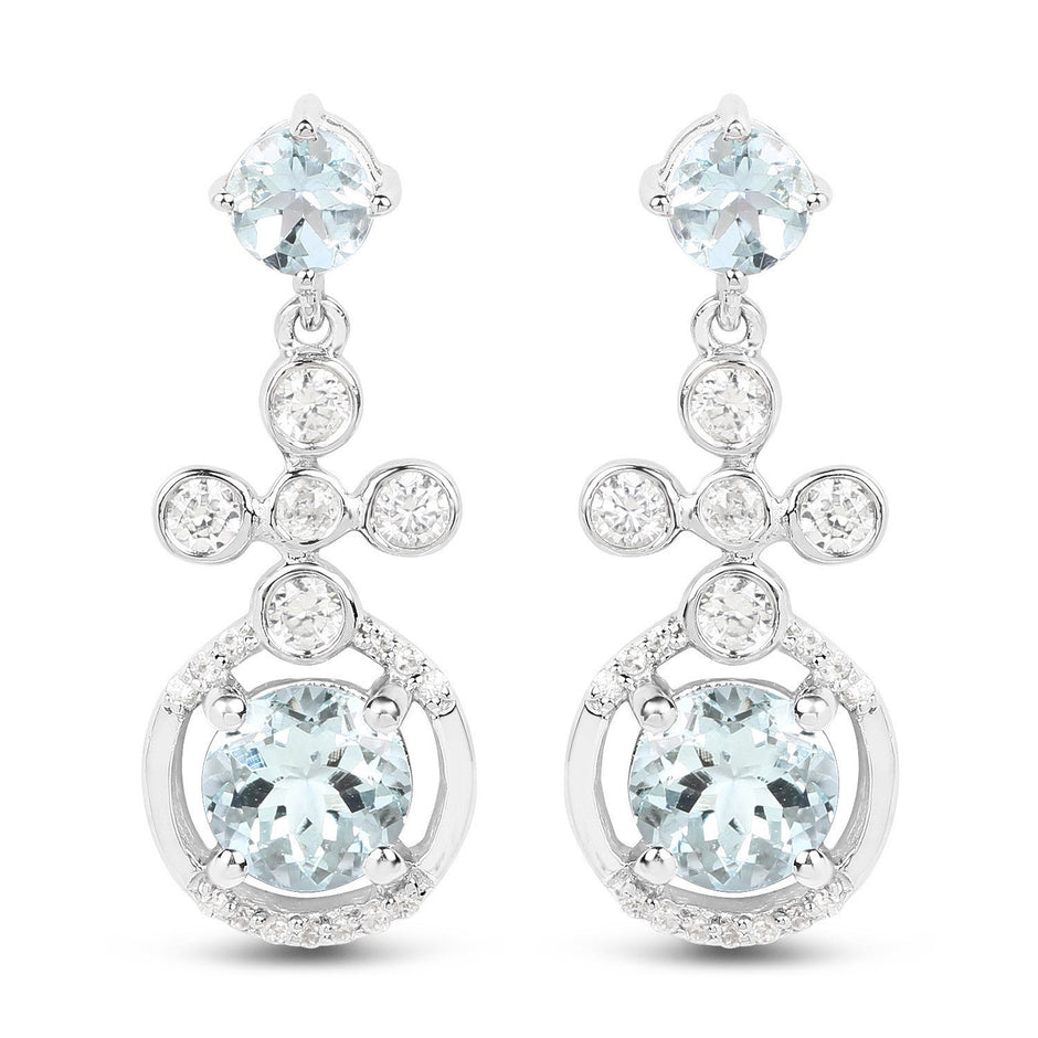 4.42 Carat Genuine Aquamarine and White Zircon .925 Sterling Silver Earrings