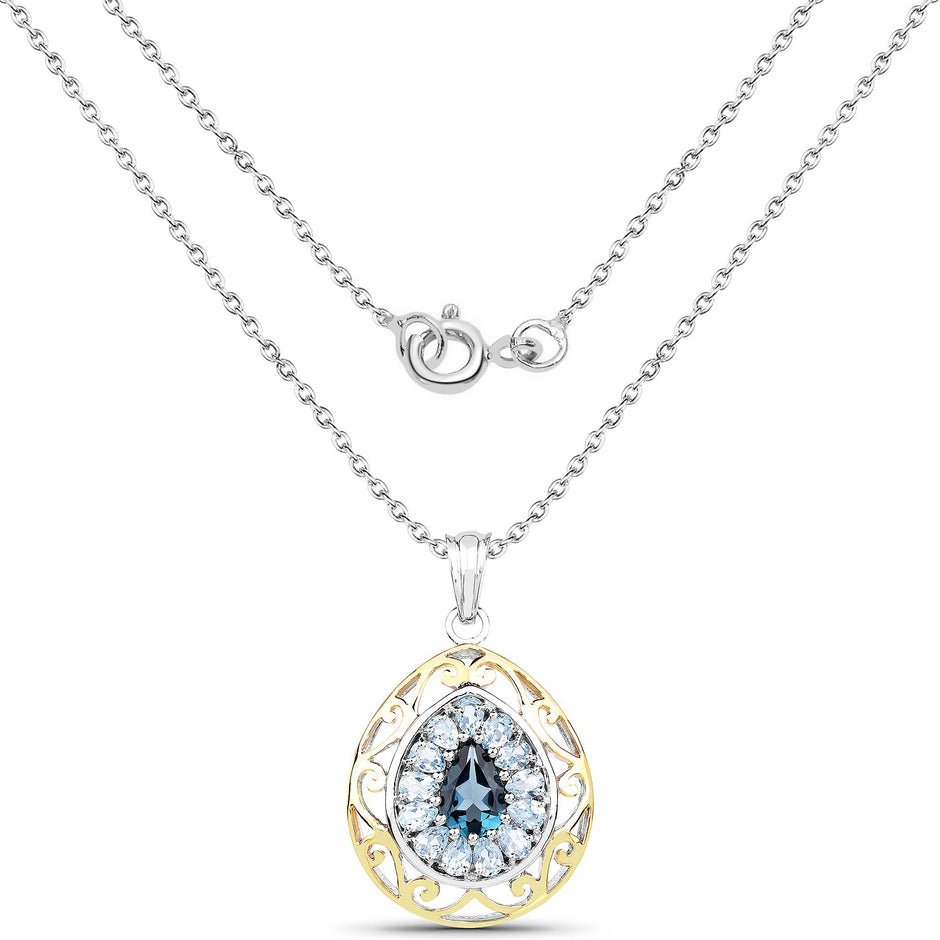 18K Yellow Gold Plated 4.44 Carat Genuine London Blue Topaz and Blue Topaz .925 Sterling Silver Pendant