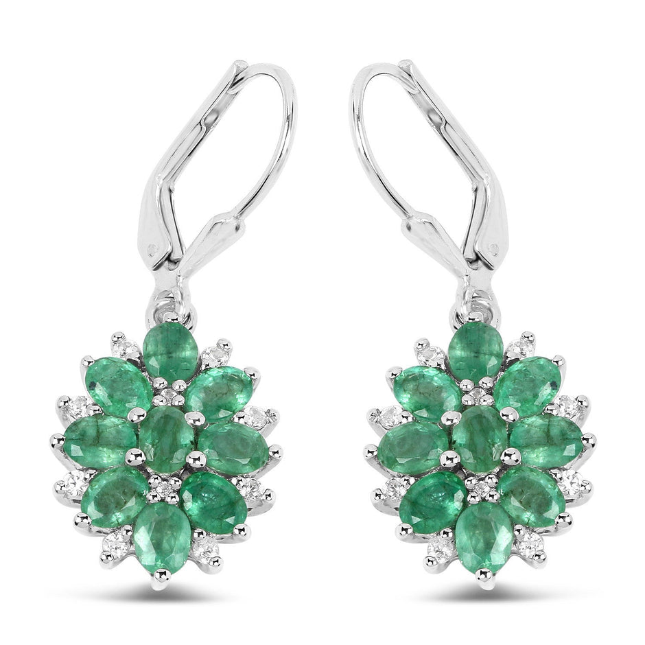 3.04 Carat Genuine Zambian Emerald and White Zircon .925 Sterling Silver Earrings