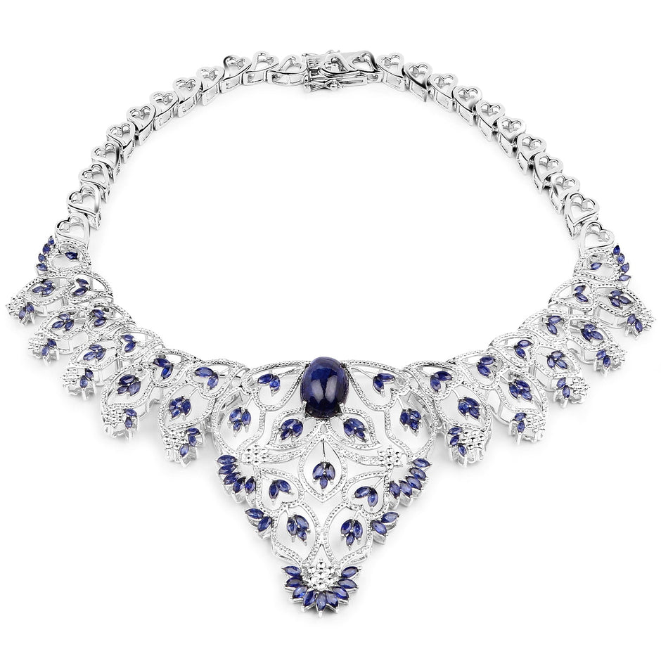 40.93 Carat Genuine Glass Filled Sapphire and White Diamond .925 Sterling Silver Necklace