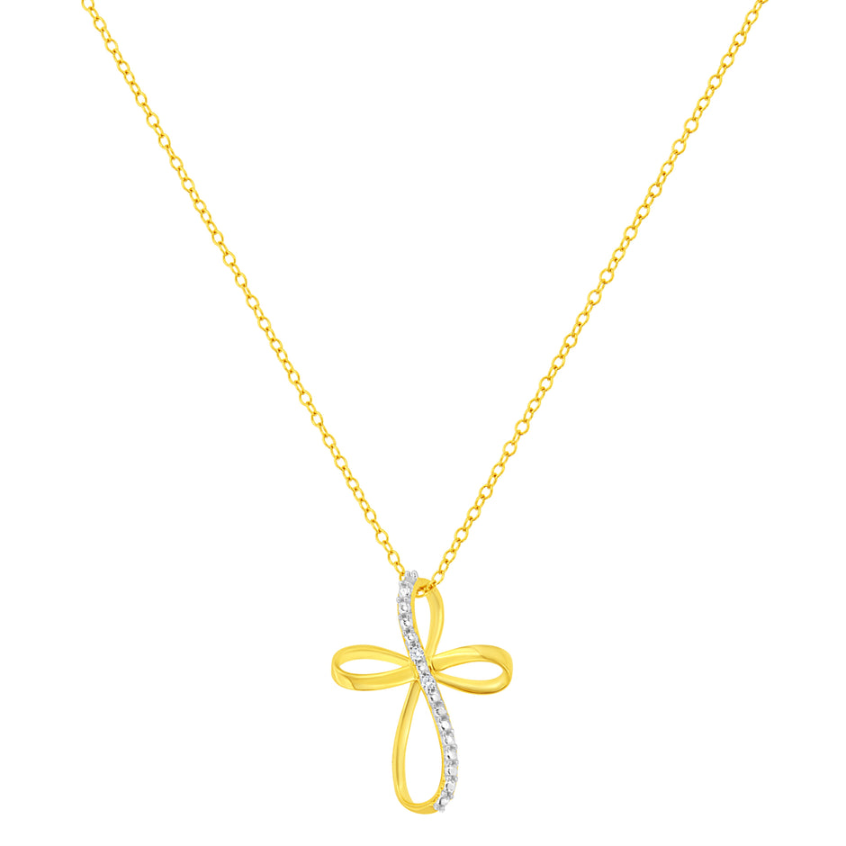 10K Yellow Gold Plated .925 Sterling Silver Diamond Accent Cross Ribbon 18